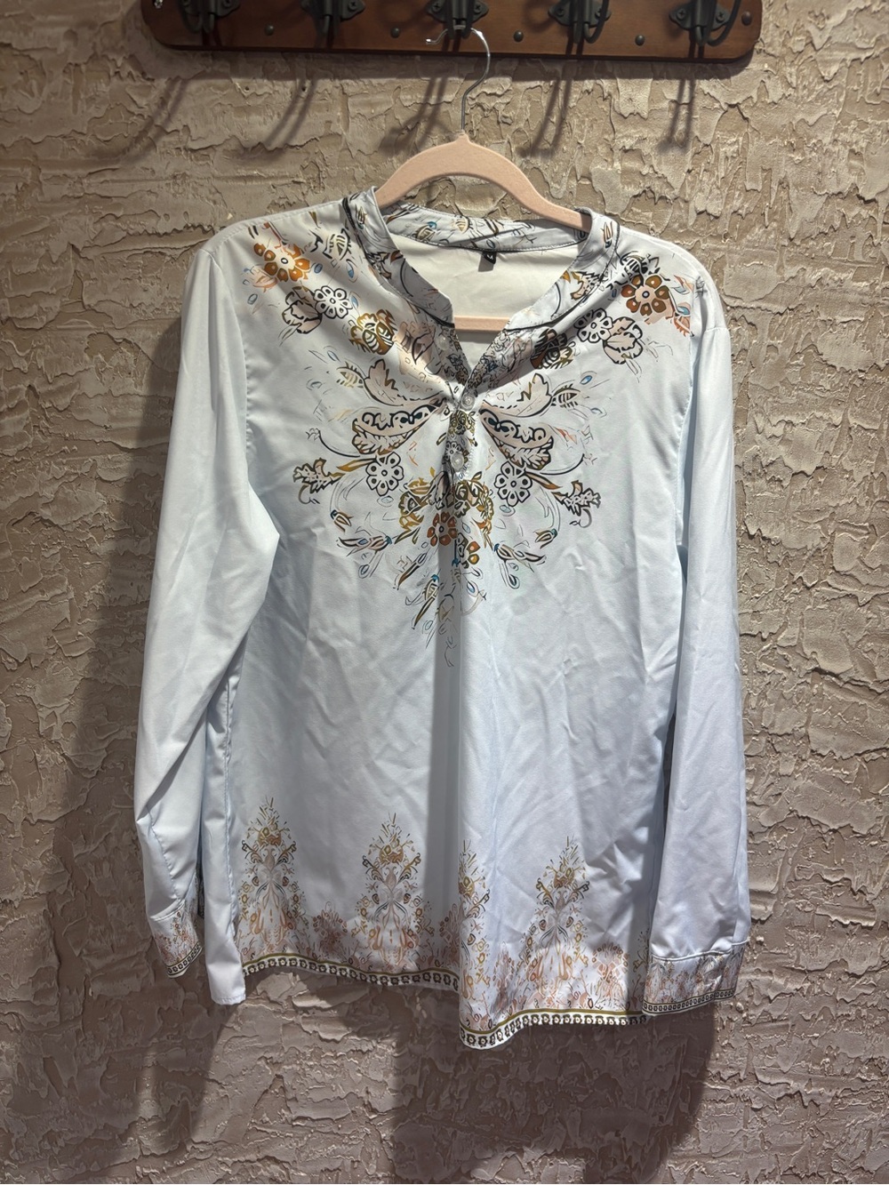 Embroidered Light Blue Floral Long-Sleeve Women's Top